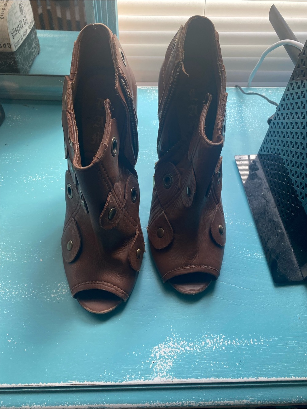 L.A.M.B. Brown Open-Toe Heeled Ankle Boots